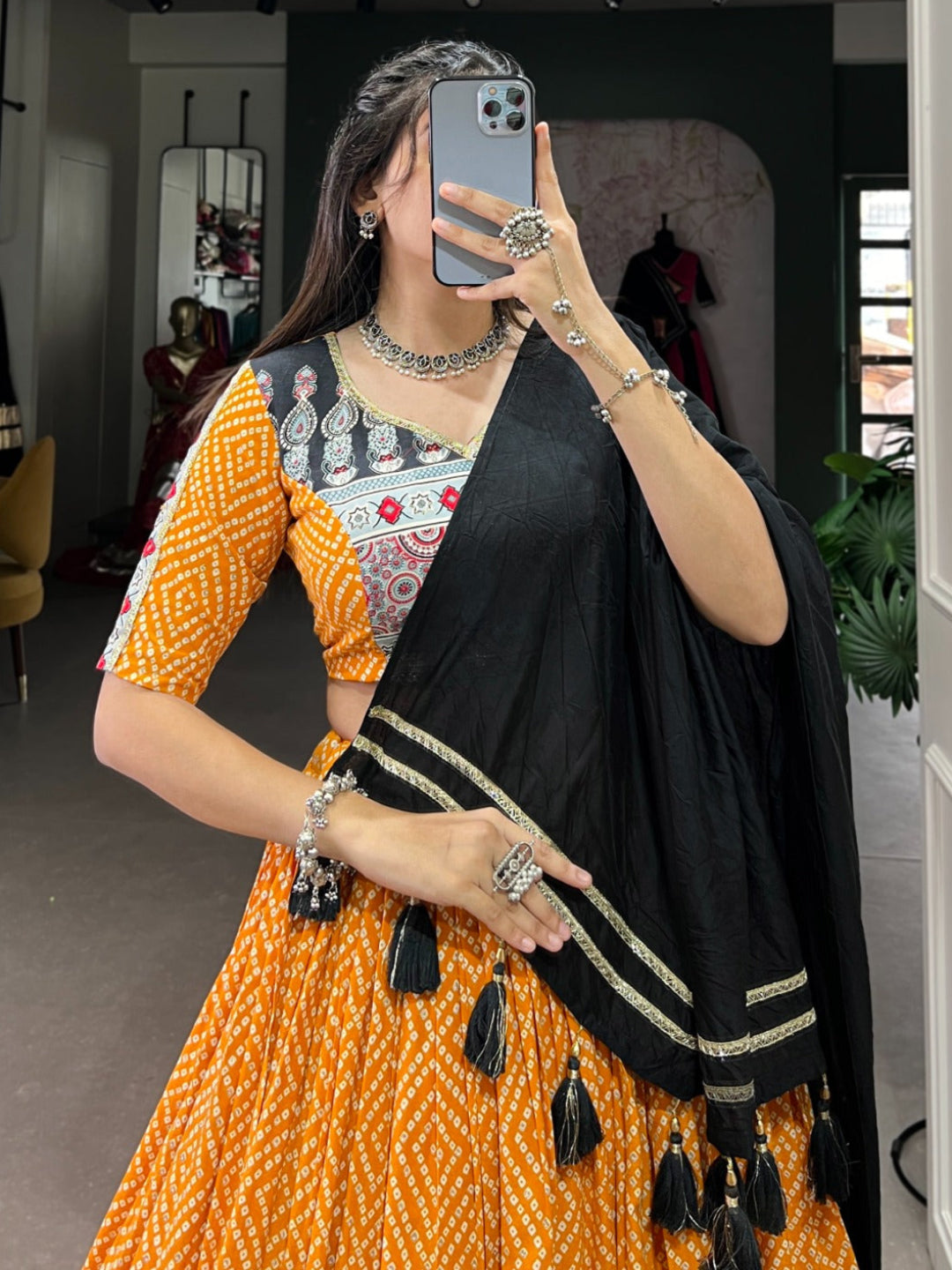 ES Ethnic Rayon Bandhej & Ajarakh Printed Lehenga Set - Stitched
