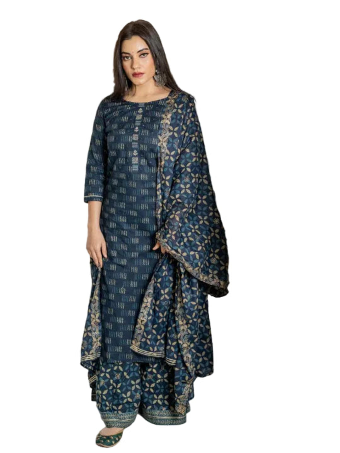 Divena Women's Pure Cotton Indigo Floral Kurta Set with Flared Palazzo & Gota Work Dupatta