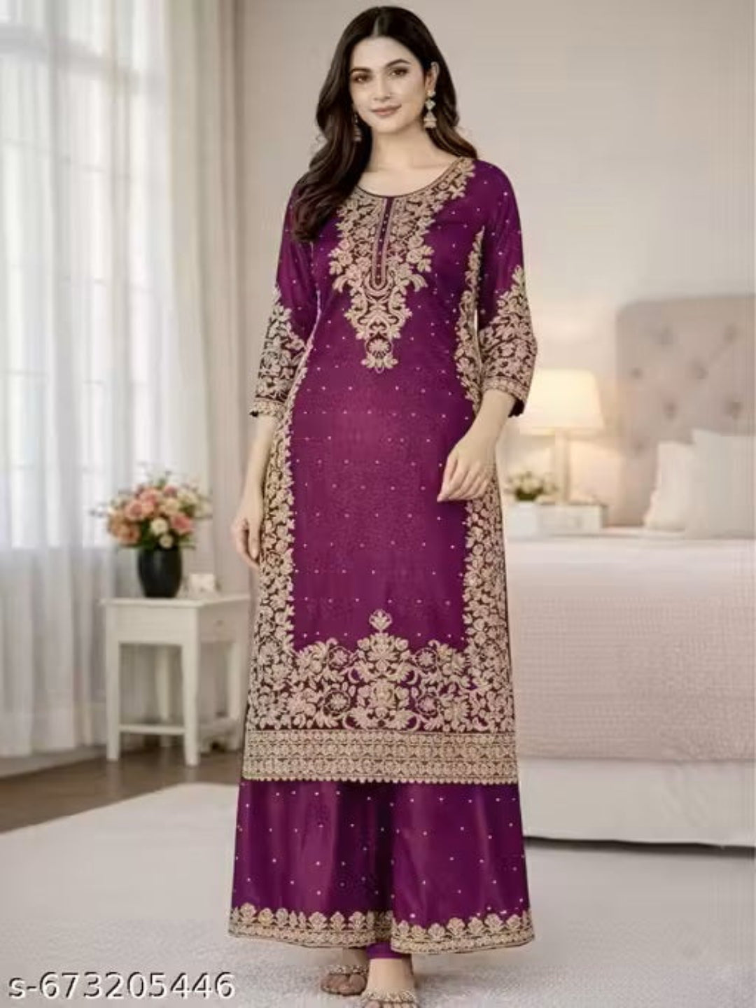 ER Designer GMY Silk 3-Piece Suit Set with Heavy Embroidery & Moti Work
