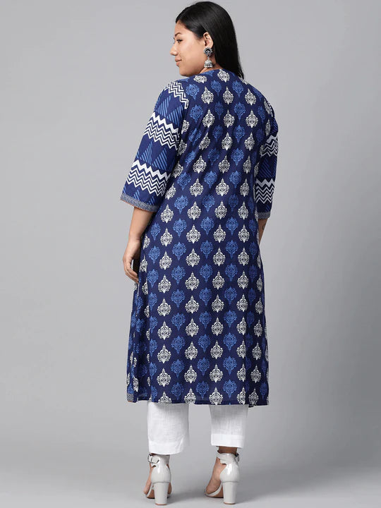 Divena Women's A-Line Navy Blue Floral Cotton Kurta - SSDK0128 Navy Blue