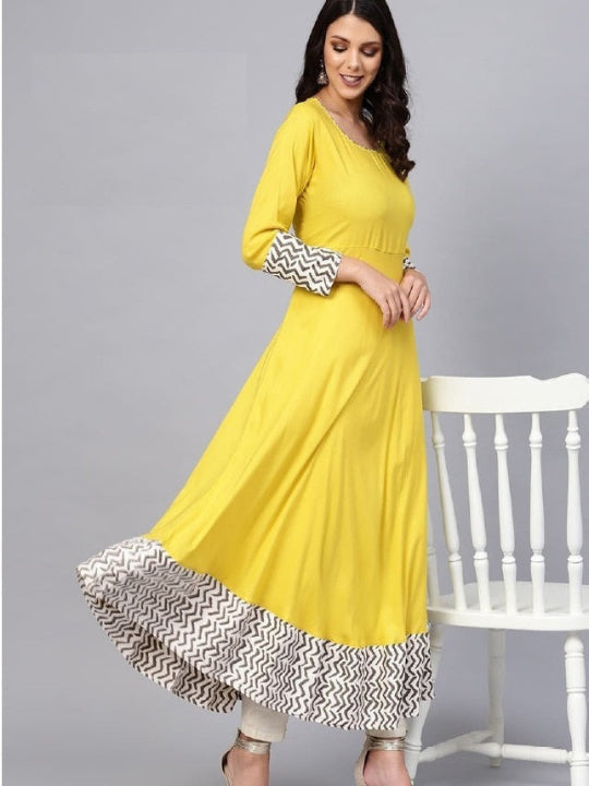 Divena Women's A-Line Yellow Ethnic Anarkali Cotton Kurta -SSDK0507