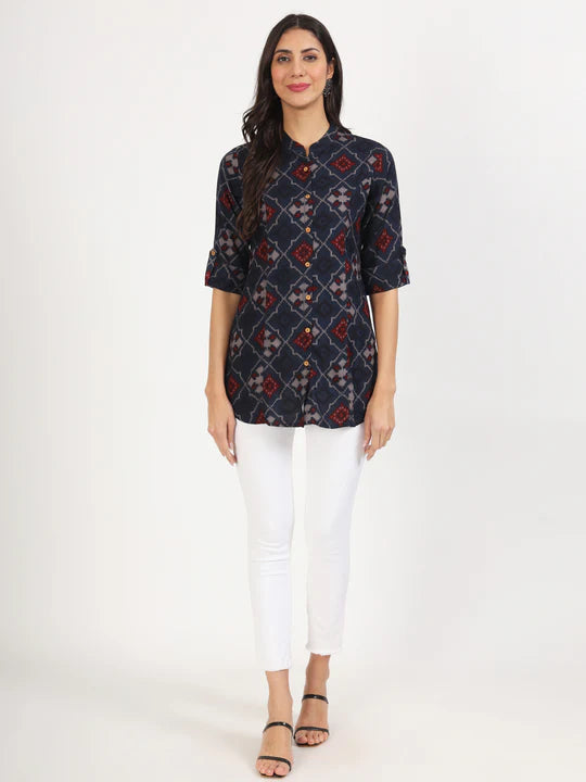 Divena Blue Geometric Printed Rayon Top -SSDK1084