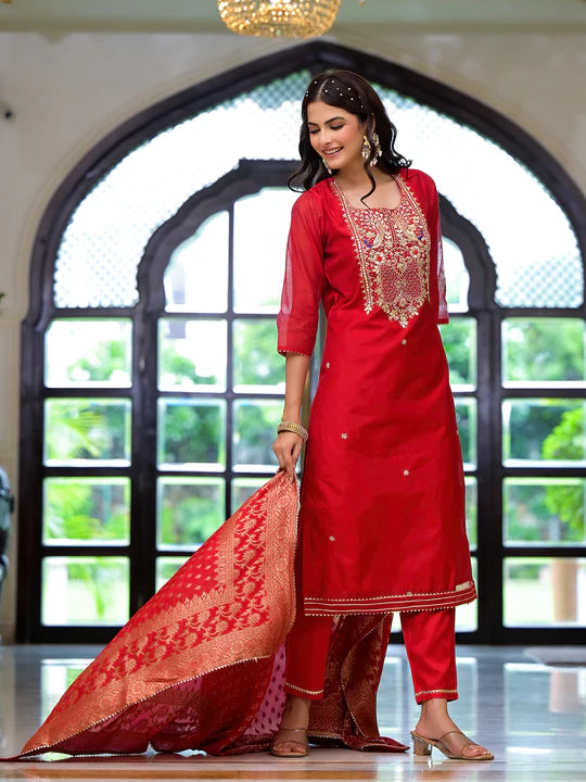 Divena Red Embroidered Chanderi Silk Kurta pants with Banarashi Dupatta - SSDK2020