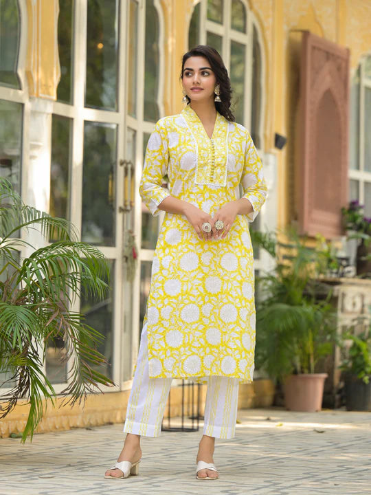 Divena Yellow Hand Block Print Pure Cotton Straight Kurta Set-SSDK2085