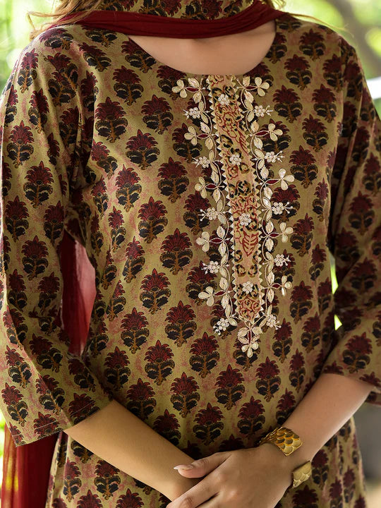 Divena Brown Straight fit Zardozi Work Knee Long Cotton Kurta Set for women - SSDK2096