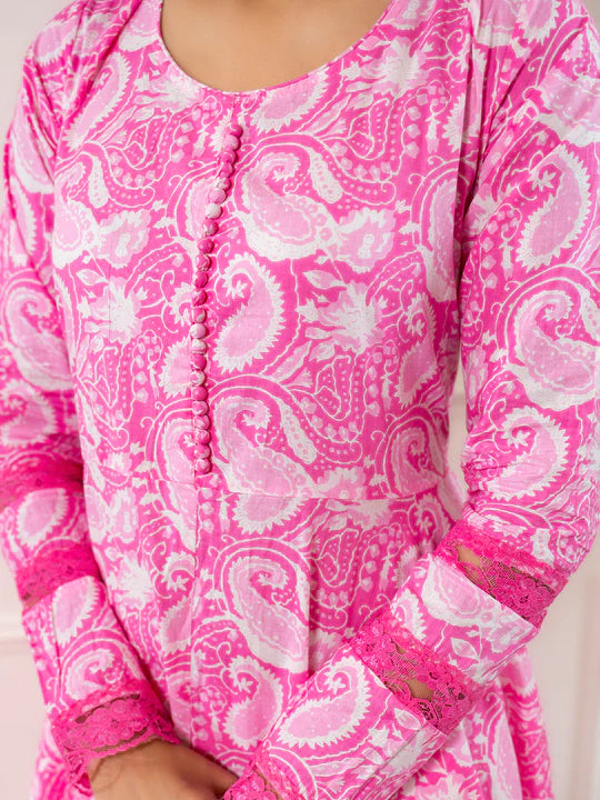 Divena Pink Floral Print Cotton Anarkali Kurta Trouser with Dupatta Set - SSDK2101