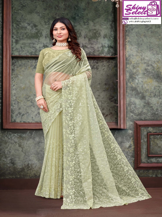 ShinySelect Women Tissue silk saree with Zari work & blouse piece (Silk)