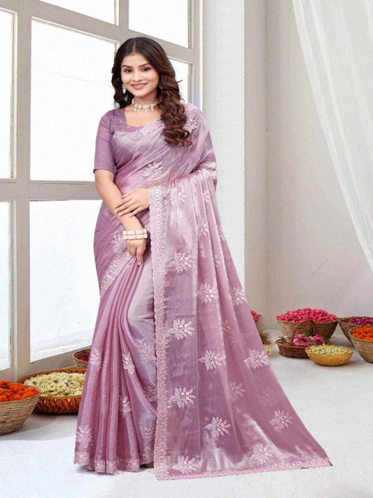 ShinySelect Women Jimmy Choo saree with stone work & blouse piece (Silk) Peach