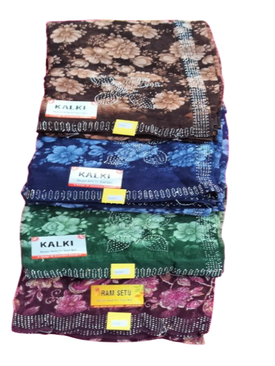 ShinySelect Printed Chiffon saree with light stone work at border & blouse piece