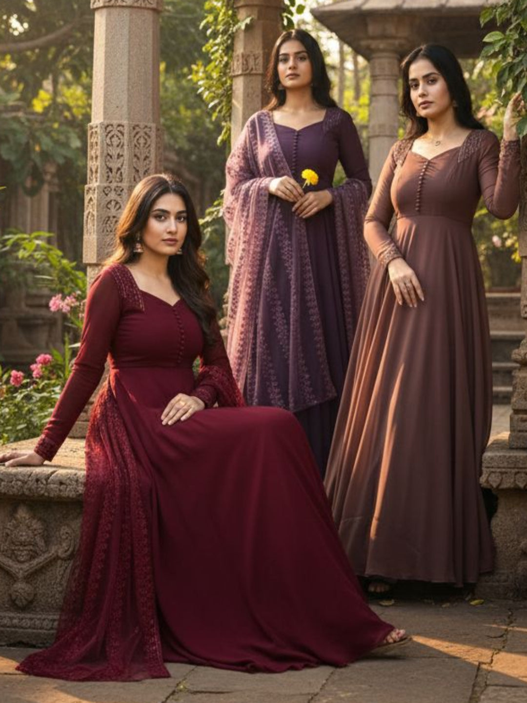 RE Soft Faux Georgette Gown with Floral Sequence Net Dupatta S-5XL