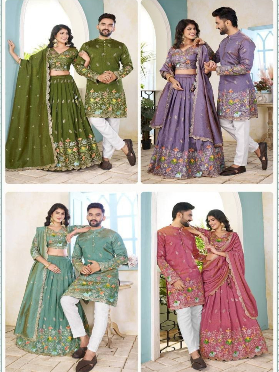 RE Luxury Crunchy Silk Couple Combo – Embroidered Lehenga & Men's Kurta Set