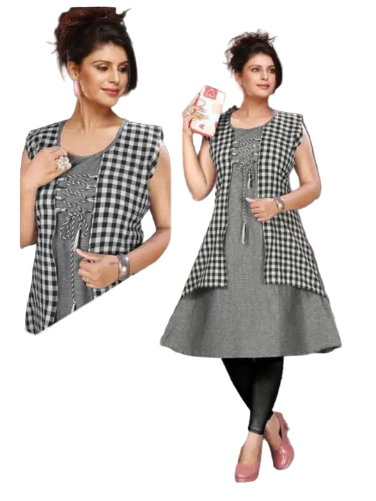 Cotton Checkered Kurti with Jacket for Women (Grey, XL)
