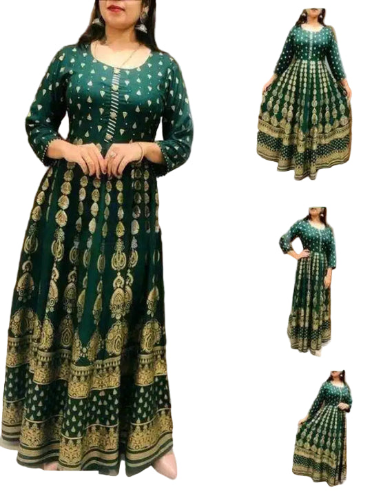 Anarkali Rayon Printed Kurti for Women (Bottle Green & Gold, M)