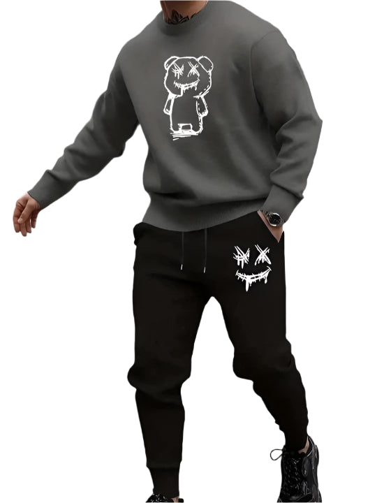 Fleece Printed Tracksuit for Men (Black & Grey, M)