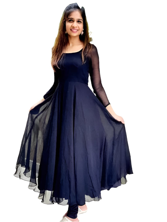 Georgette Solid Anarkali Kurti for Women (Navy Blue, M)