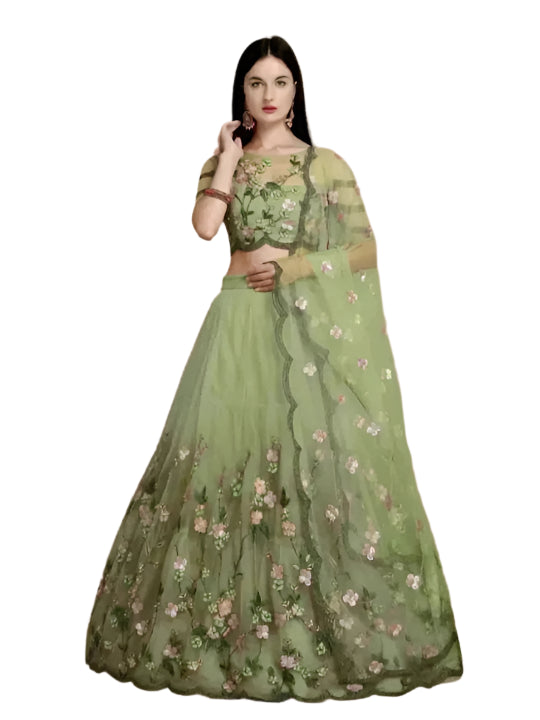 Net Embroidred Semi Stiched Lehenga Choli for Women (Green)