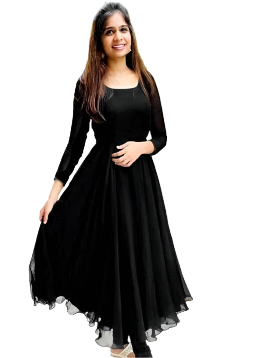 Georgette Solid Anarkali Kurti for Women (Black, M)