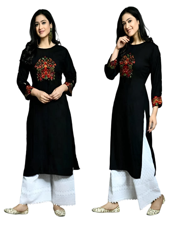 Rayon Embroidered Kurti for Women (Black, S)