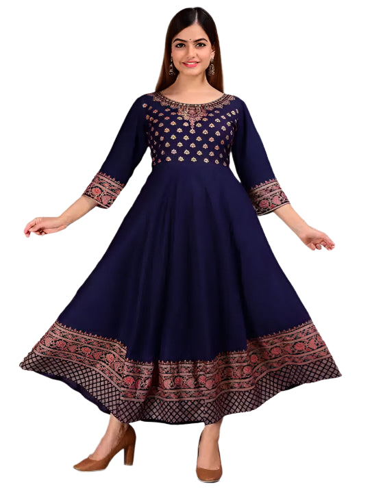 Rayon Printed Anarkali Kurti for Women (Blue, S)