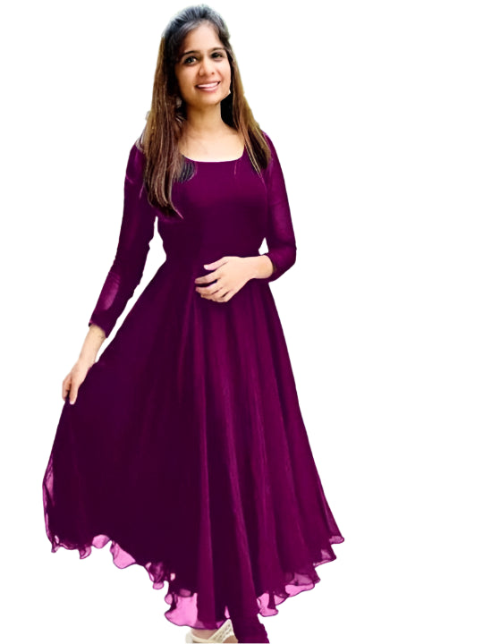 Georgette Solid Anarkali Kurti for Women (Purple, M)