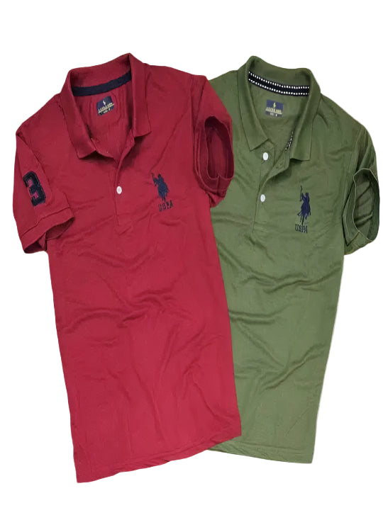Polo Neck T-Shirt for Men (Pack of 2) (Red & Olive, M)