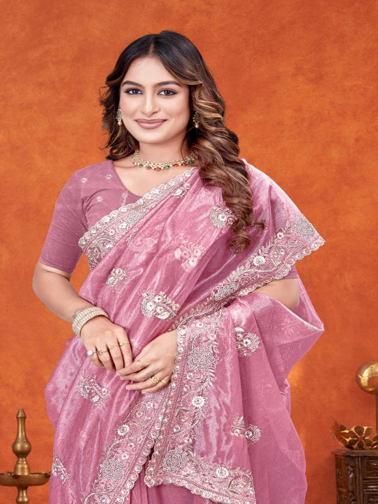ShinySelect Partywear Women Crystal Sarees - Variant C Light Pink