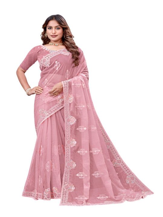 ShinySelect Partywear Women Crystal Sarees - Variant E Peach