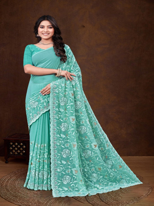 ShinySelect Partywear Women Georgette Sarees - Variant B Light Green