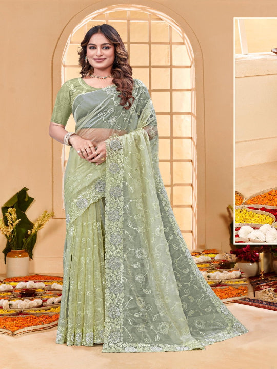 ShinySelect Partywear Women Crystal Sarees - Variant G pista