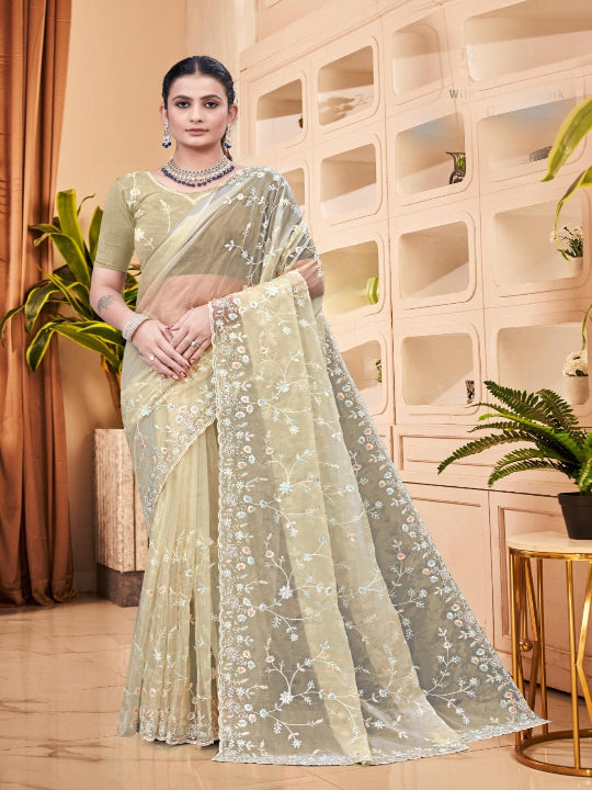 ShinySelect Partywear Women Crystal Sarees - Variant H Cream