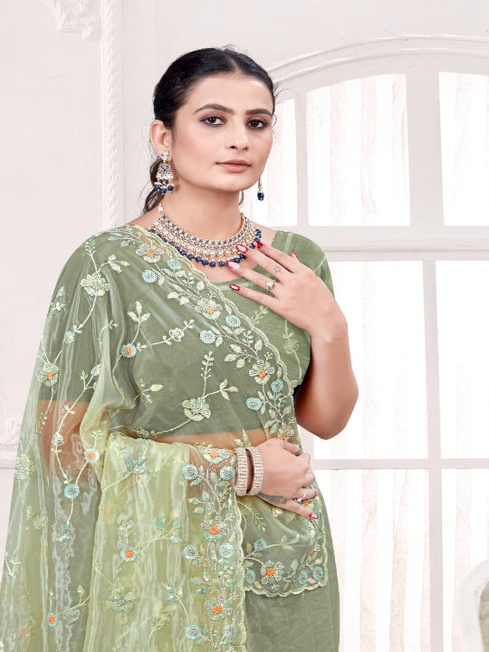 ShinySelect Partywear Women Crystal Sarees - Variant I Sea Green