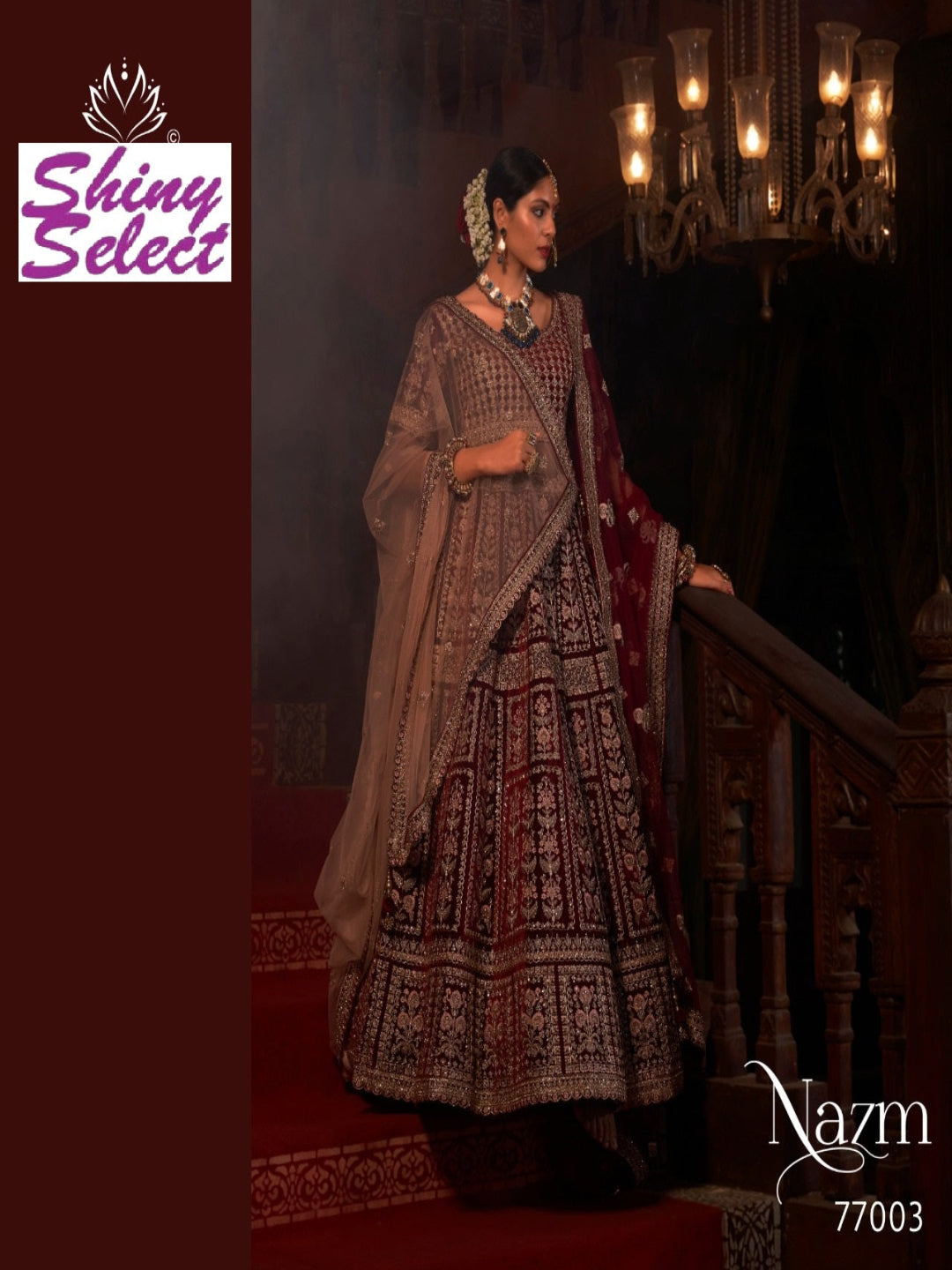 Velvet Bridal Wear Embroidery Work Lehenga Choli-77003 Maroon