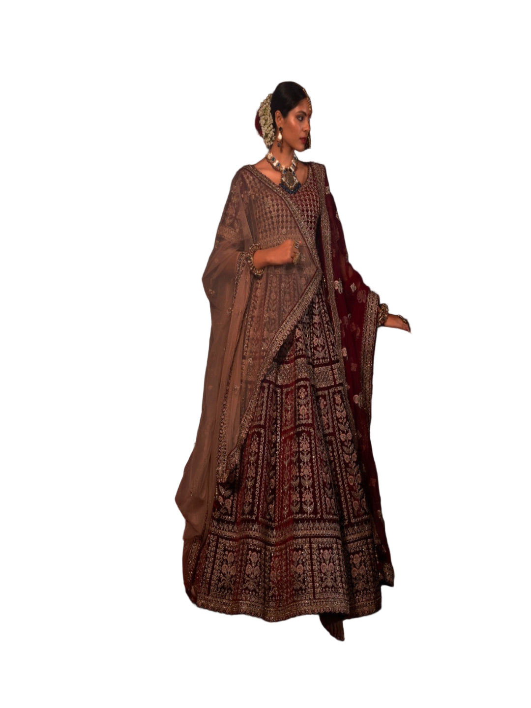 Velvet Bridal Wear Embroidery Work Lehenga Choli-77003 Maroon