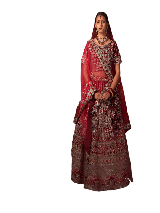 Red Heavy Embroidered Wedding Velvet Lehenga Choli -77024