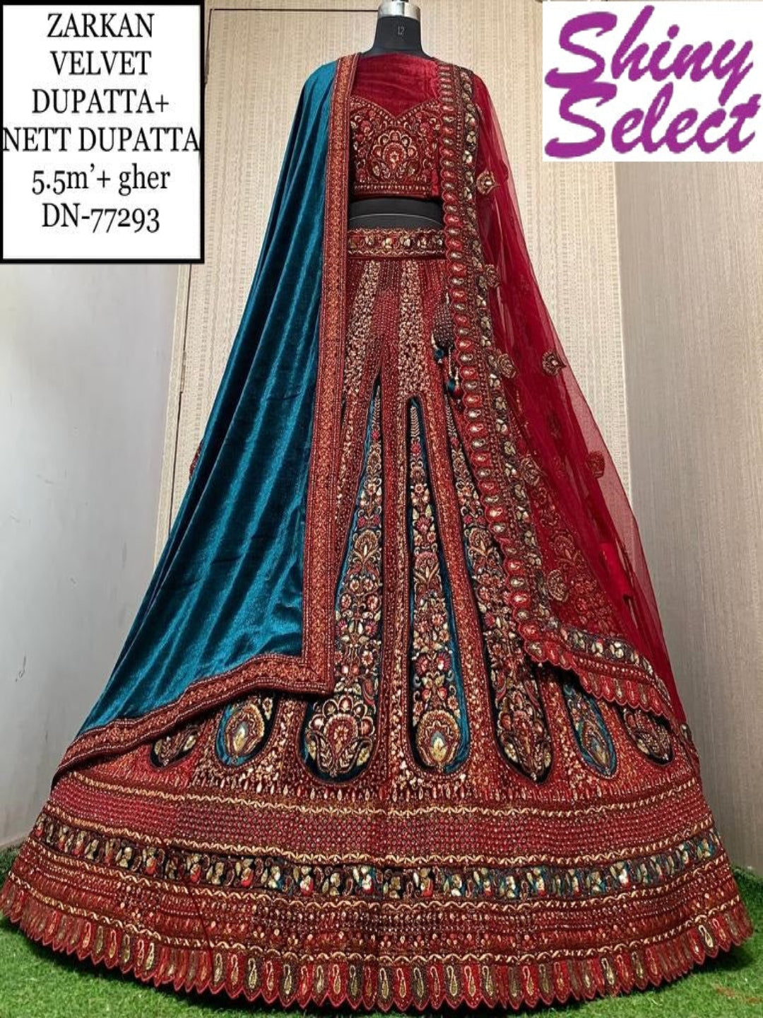 Valvet Red Embroidery Heavy Work Bridal Lehenga -77293 Red