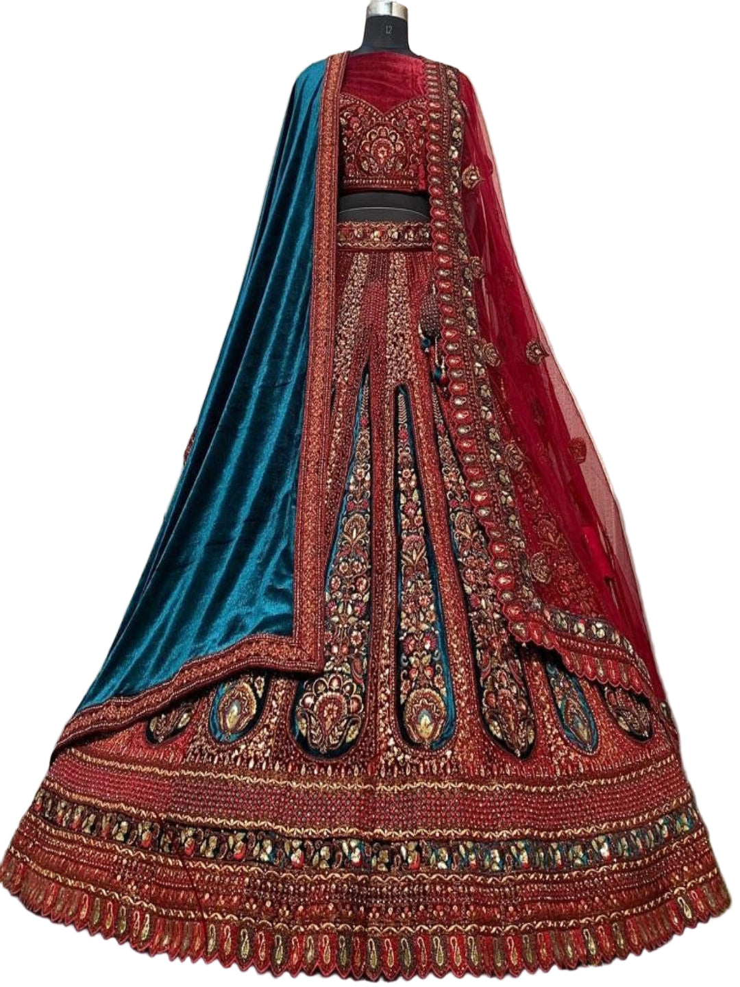 Valvet Red Embroidery Heavy Work Bridal Lehenga -77293 Red