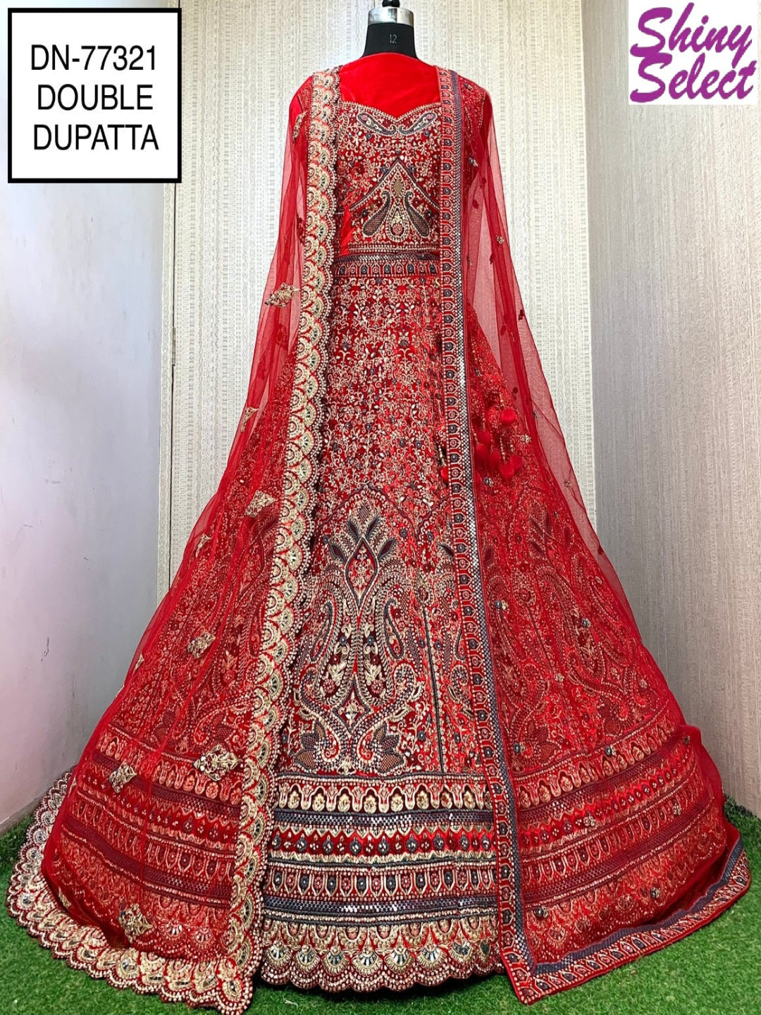 Velvet Multcolor Bridal Lehenga Choli With Double Dupatta -77321 Red