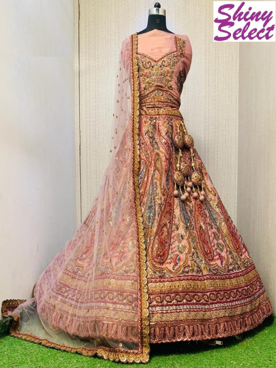 Zarkan Net Bridal Fancy Wedding Lehenga Choli - 77322 Peach N