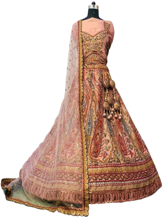 Zarkan Net Bridal Fancy Wedding Lehenga Choli - 77322 Peach N