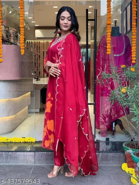 Women Viscose Kora Muslin silk Kurti Pant Dupatta Set -Red & Wine