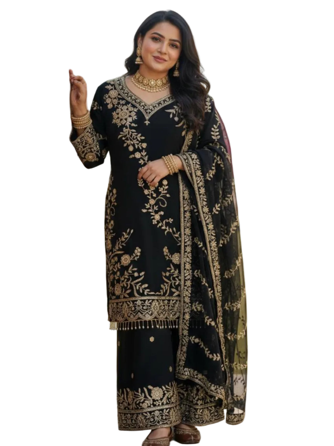 RE Semi Faux Georgette 3-Piece Kurti Plazzo Set with Sequence & Zari Work