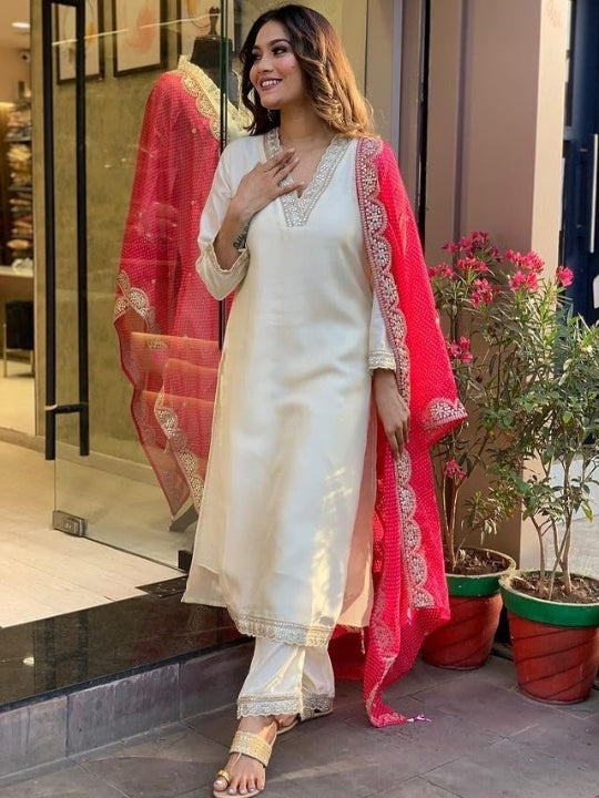 ICF Women Teby Silk  Floral Print Kurta with Pant & Dupatta