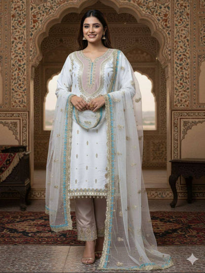 RE Crape Silk Sequence Embroidered Suit Set with Butterfly Net Dupatta