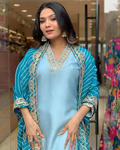 ICF Women Cotton Blend Embroidered Straight Kurta Set with Dupatta