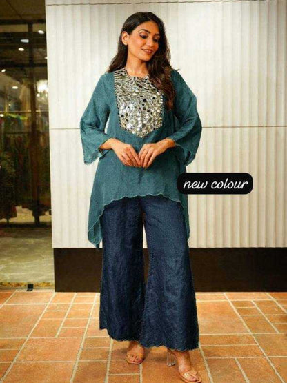 RE Designer Tebby Silk Co-ord Set with Mirror Work & Semi-Bell Sleeves