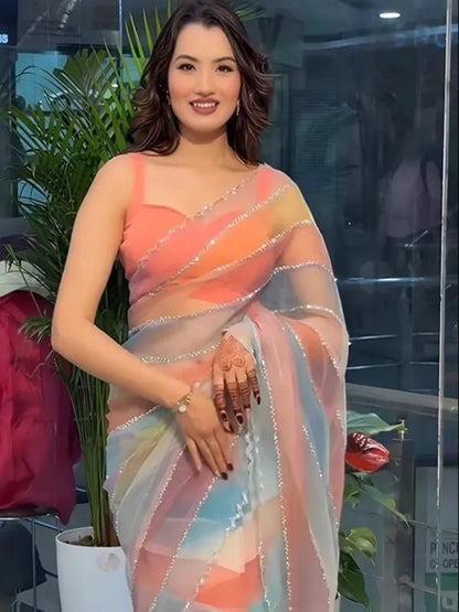 YNF Luxurious Soft Tabby Silk Saree with Zarkhan Stone Work & Contrast Satin Blouse