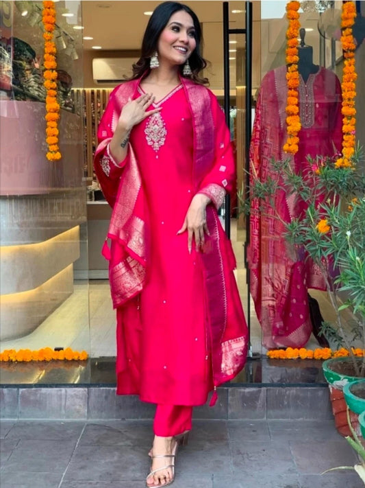 ICF Women's Viscose (Rayon) Straight Embroidered Kurta with Pant & Dupatta
