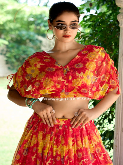 Chiffon Floral Print Stitched Lehenga Choli