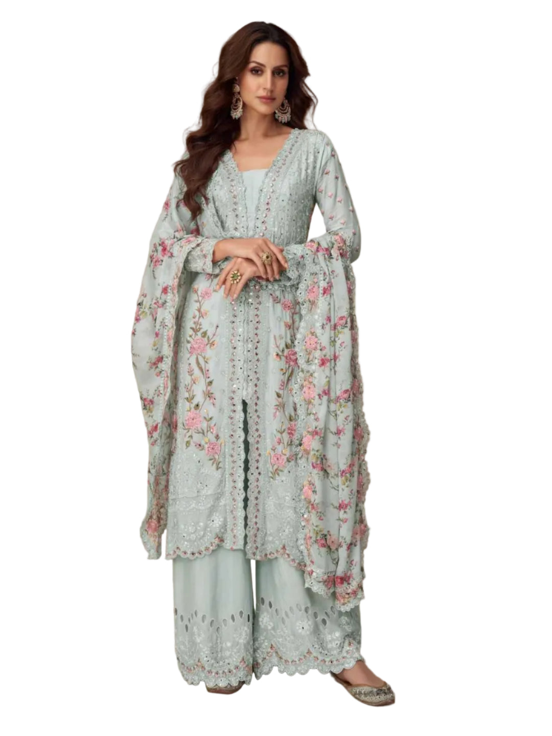 YNF Stitched Real Vichitra Silk Sequence Work Palazzo Suit with Embroidered Dupatta