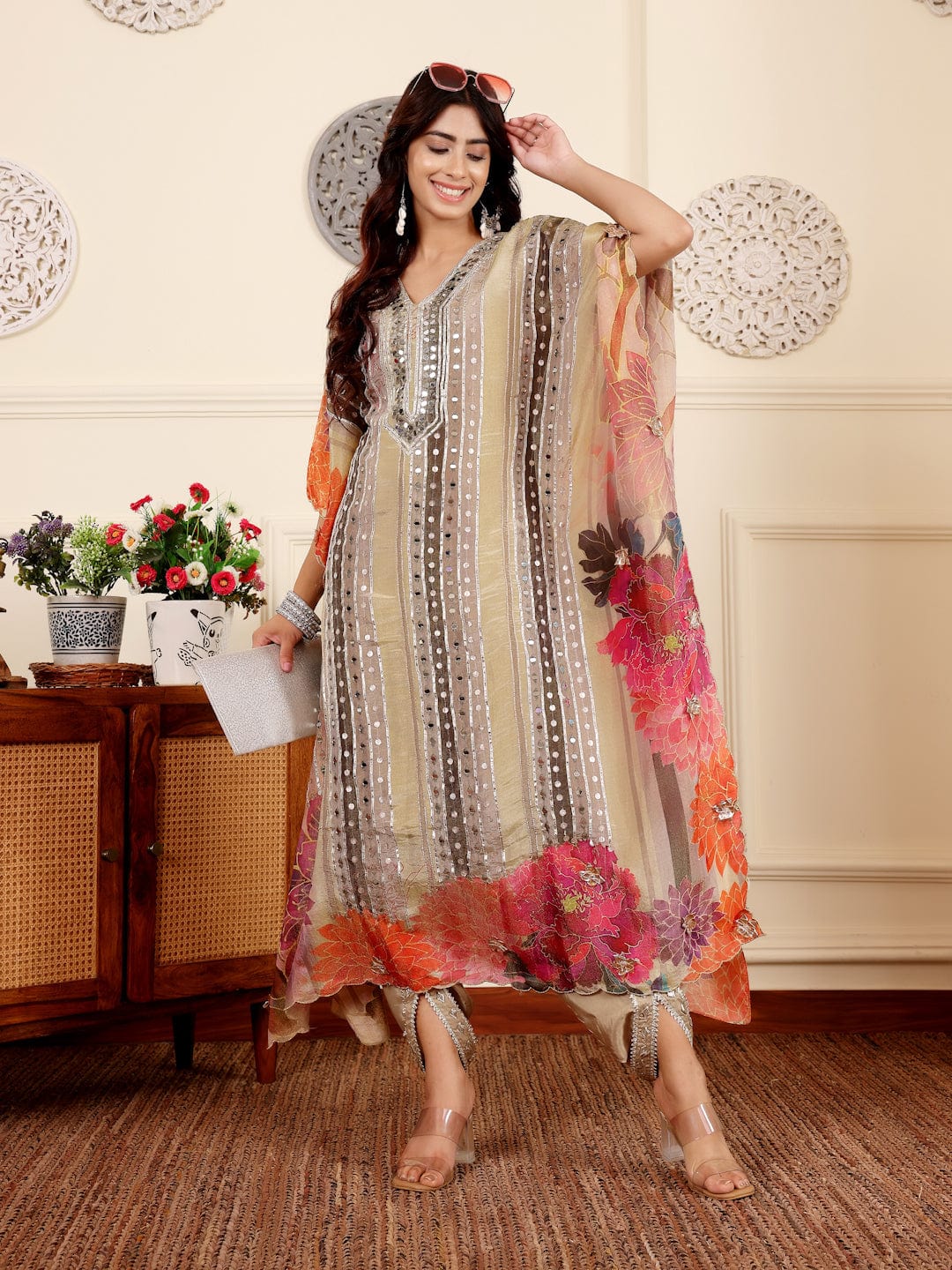KF Colored Pure Silk Gotta And Mirror Embellished Kaftan With Tulip Pants